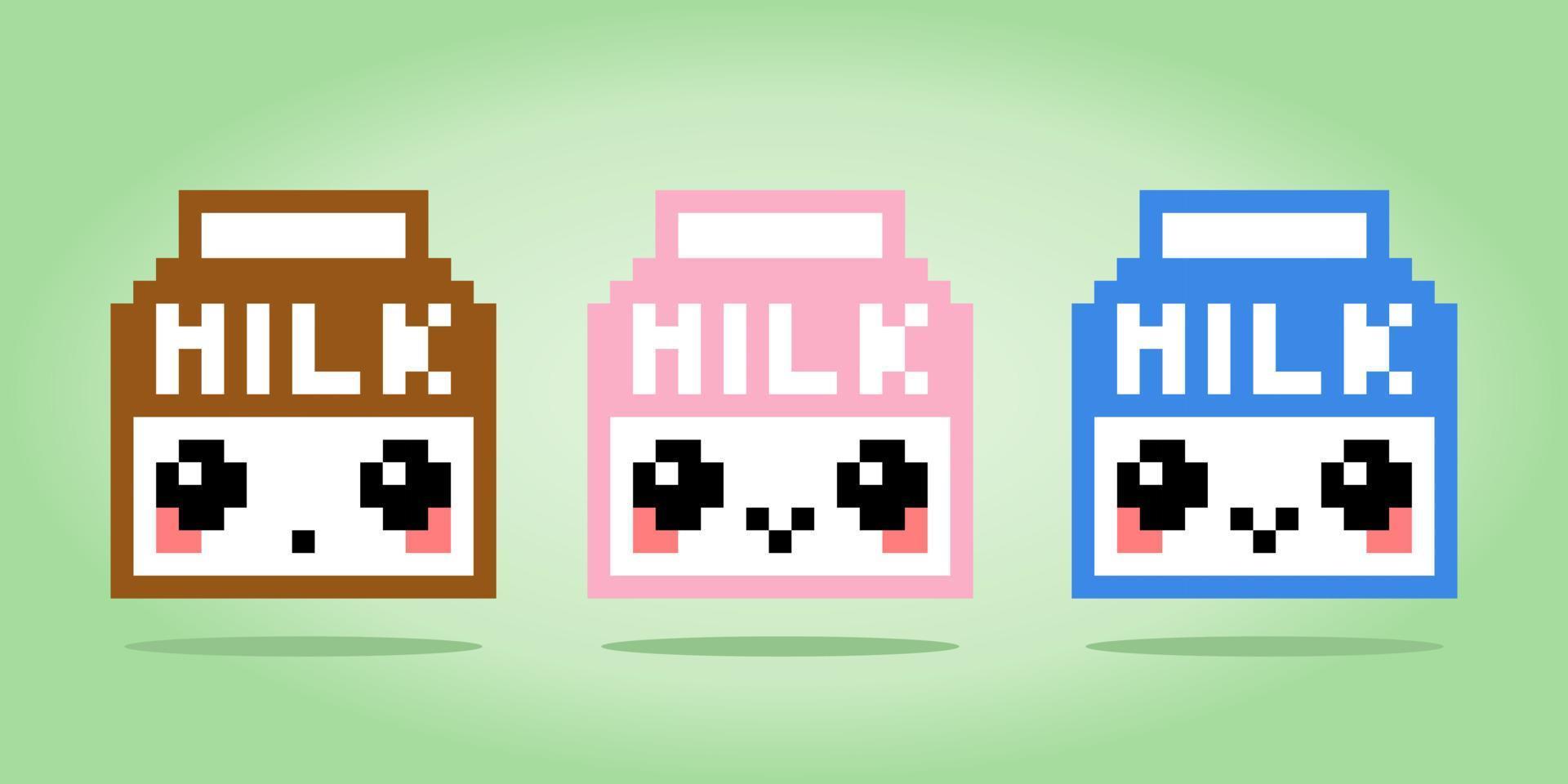 leite de caixa de doodle. pixels de leite fofos, sabor baunilha, marrom e morango. ilustração de vetores de pixel art.