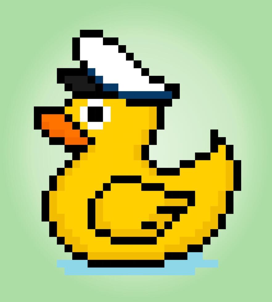 Pato de 8 bits usando pixels de chapéu de capitão. ativos de jogos de animais em ilustrações vetoriais. vetor