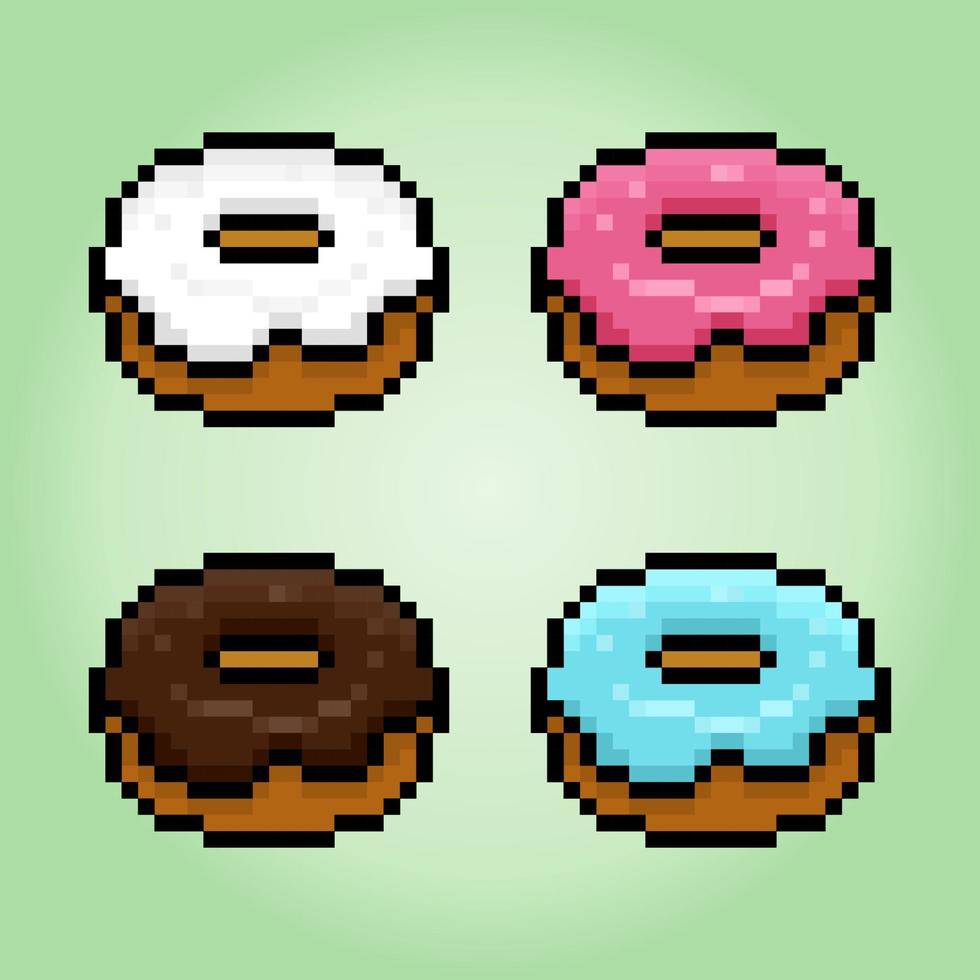 imagem do conjunto de donuts de pixel. comida em ilustração vetorial, padrão de ponto cruz. vetor