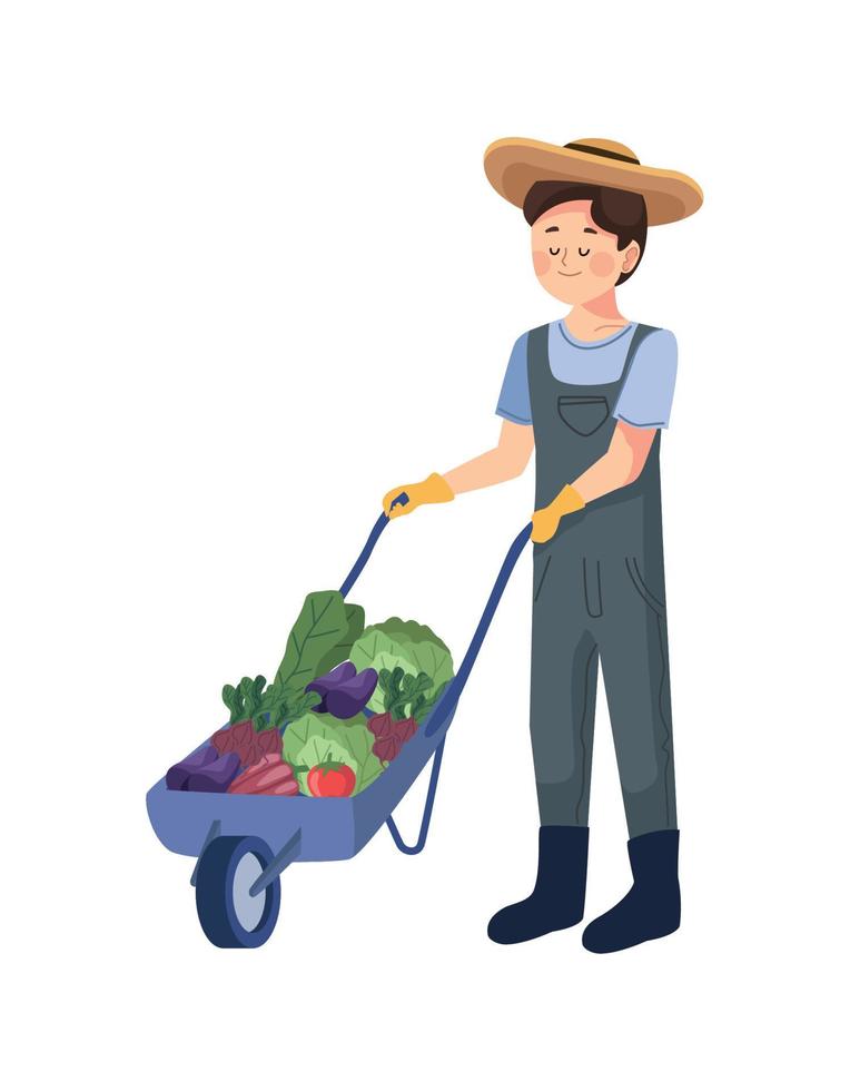 agricultor masculino com carrinho de mão vetor