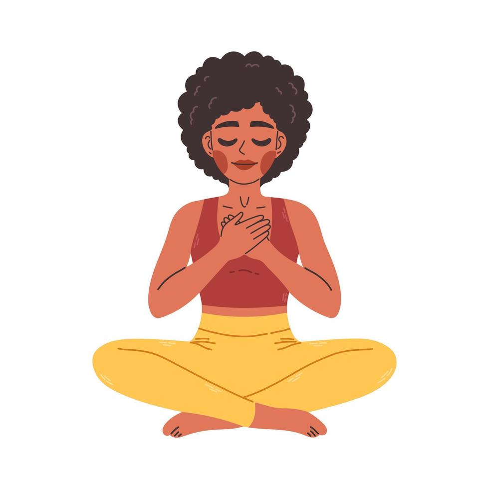 jovem negra em pose de lótus de ioga com as mãos no peito. ilustração de menina meditando. mulher de ioga, meditação, anti-stress vetor