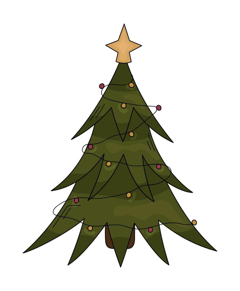 natal, ano novo árvore isolada. árvore de férias desenhada à mão com guirlanda e estrela. ilustração vetorial de inverno vetor