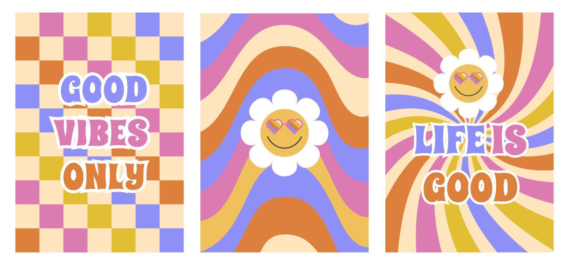 coleção de pôsteres coloridos psicodélicos. ilustração vetorial colorida em estilo vintage. Cartaz ou cartão dos anos 70 e 60, estampa de camiseta. slogan retrô em um tabuleiro de xadrez. camomilas sorridentes felizes. divertida textura hippie. vetor