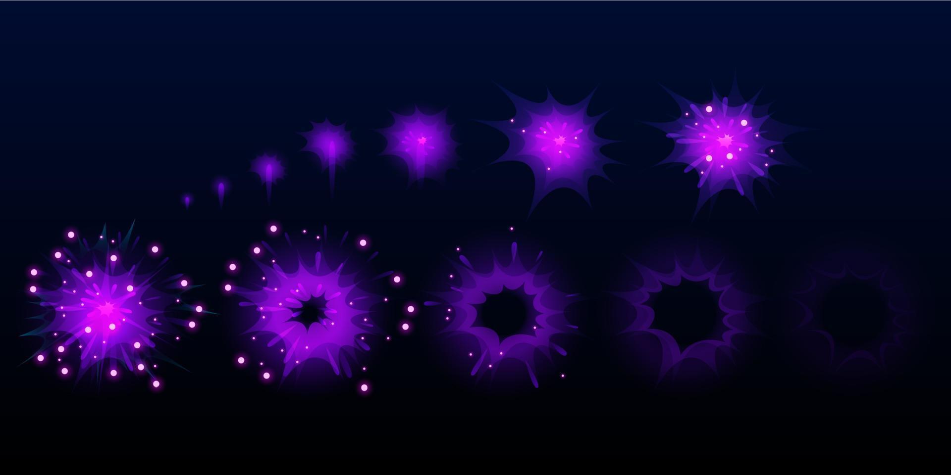 fogos de artifício roxos de jogo explodem sprites de efeito de explosão vetor