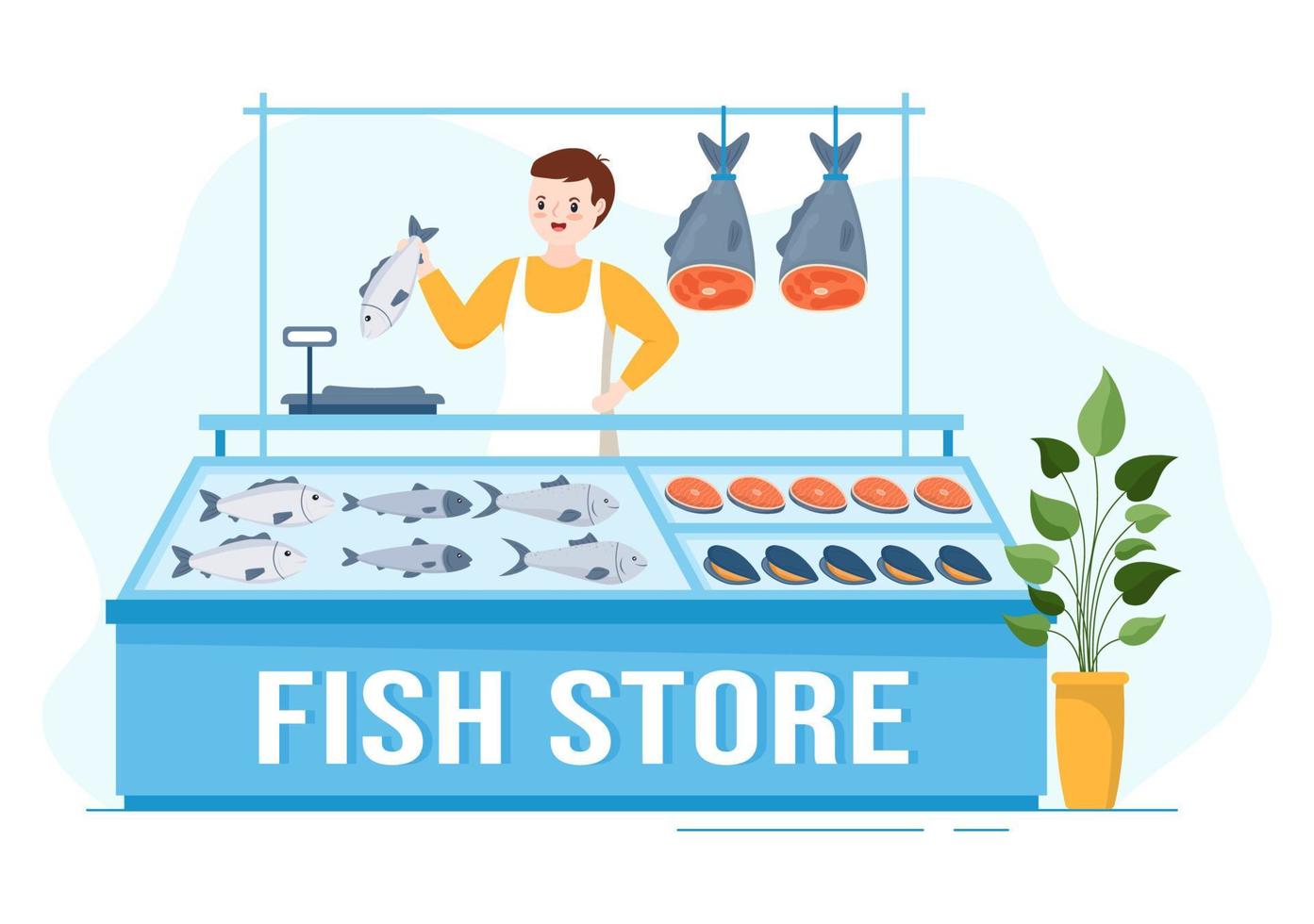 loja de peixes para comercializar vários produtos frescos e higiênicos frutos do mar em desenhos animados planos ilustração de modelos desenhados à mão vetor