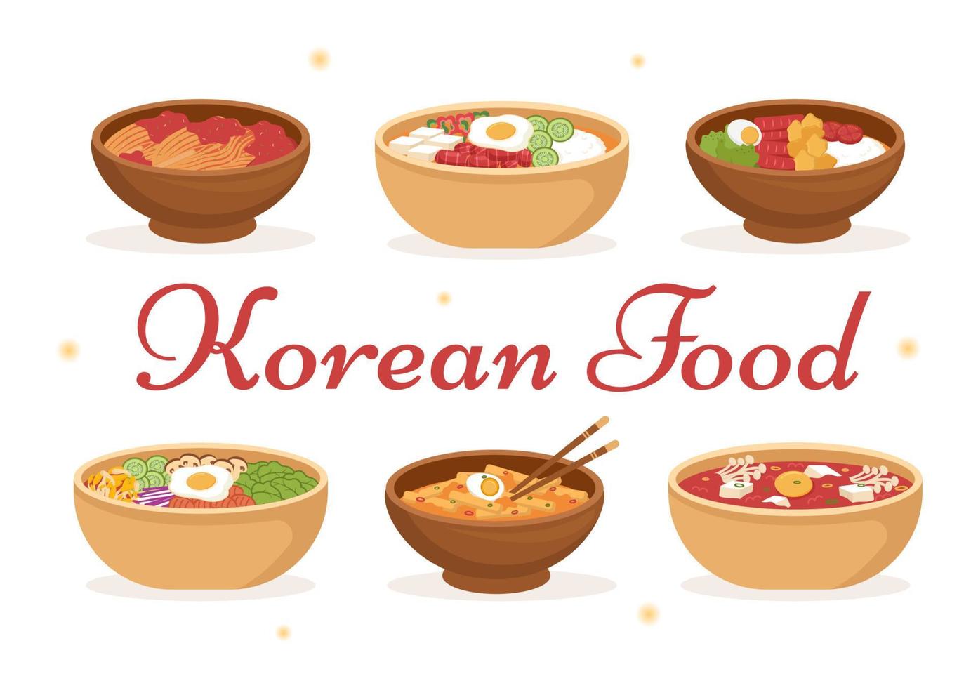 menu de comida coreana de vários pratos de cozinha deliciosos tradicionais ou nacionais em desenhos animados planos ilustração de modelos desenhados à mão vetor