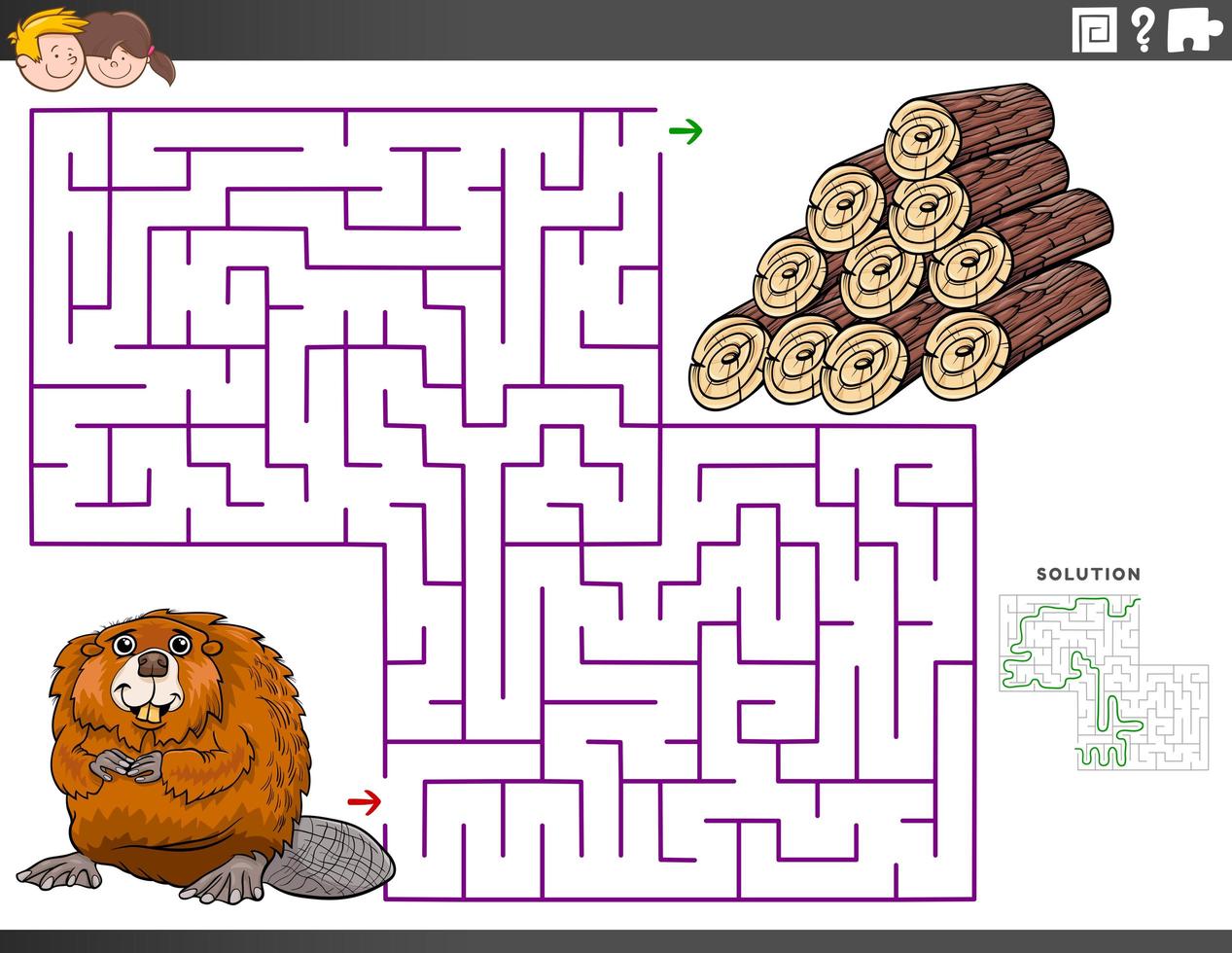 jogo educativo labirinto com castor e toras de madeira vetor