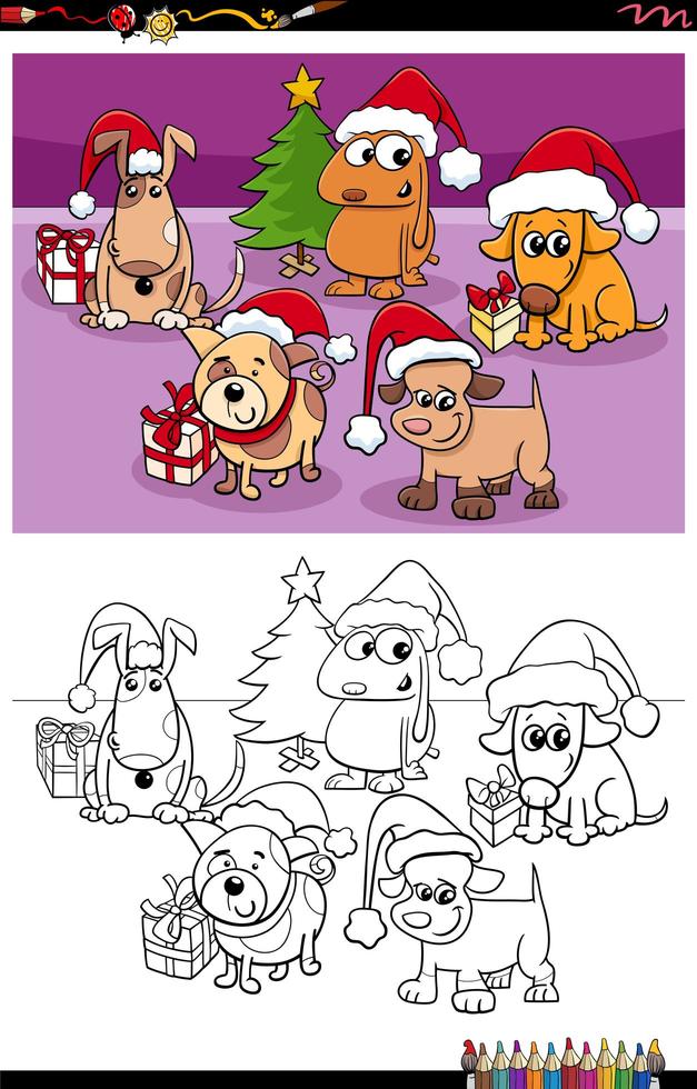 grupo de cães na página do livro para colorir de natal vetor