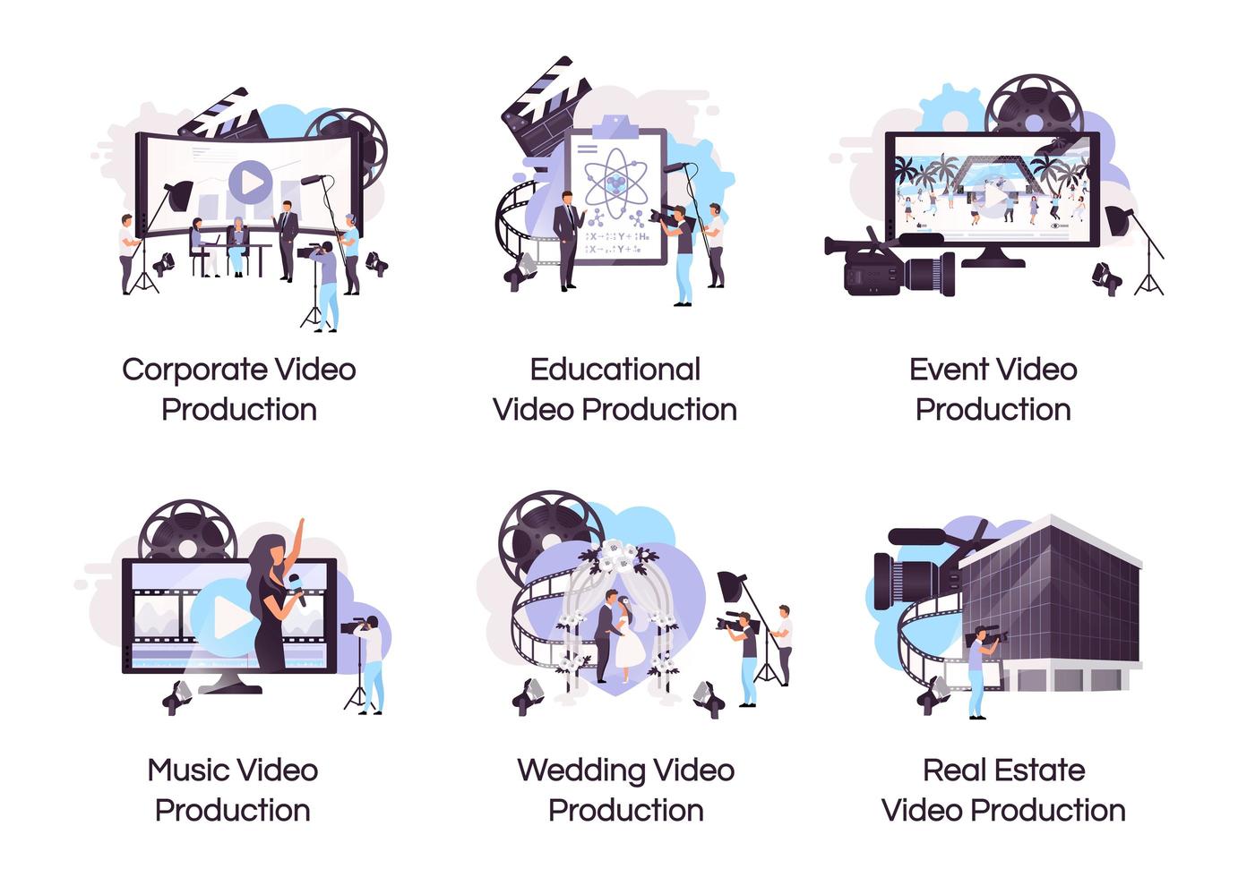 conjunto de ícones de conceito plano de produção de vídeo vetor