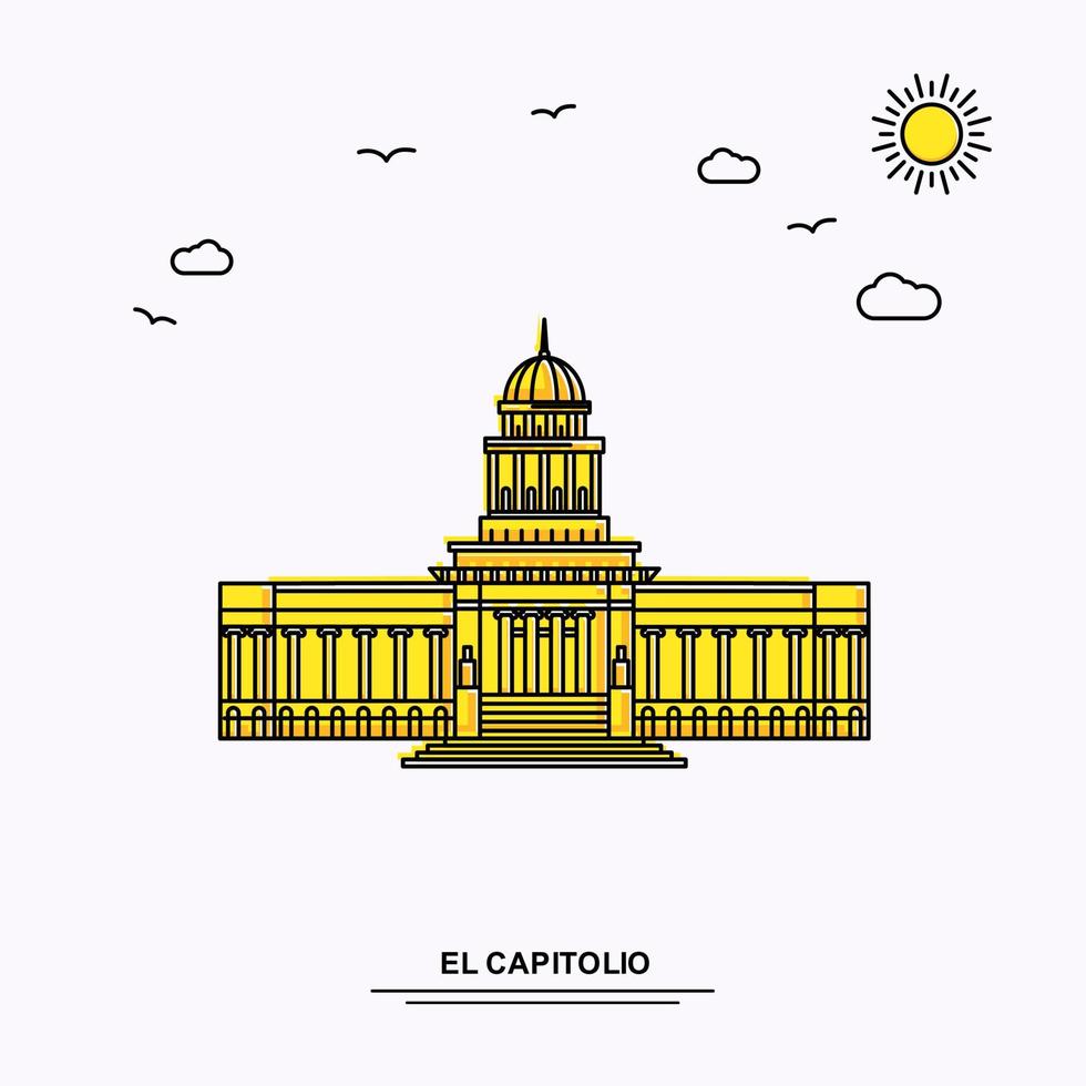 modelo de pôster do monumento el capitolio viagens pelo mundo amarelo fundo de ilustração em estilo de linha com cena de beleza natural vetor