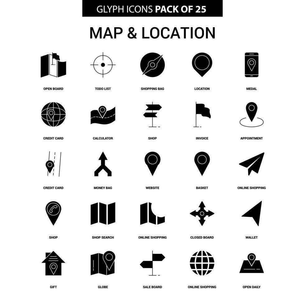 conjunto de ícones de vetor de glifo de mapa e localização
