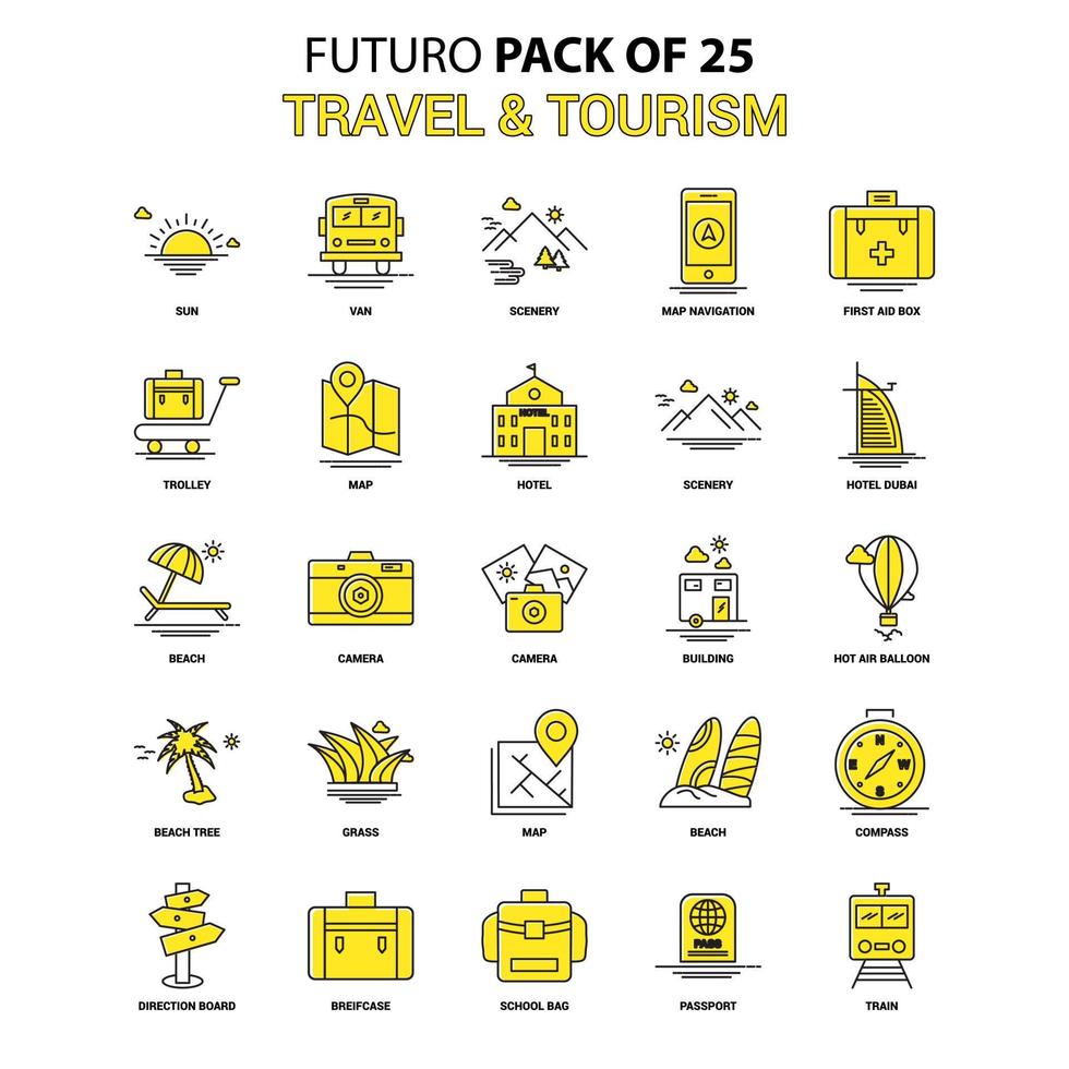 conjunto de ícones de viagens e turismo amarelo futuro pacote de ícones de design mais recente vetor