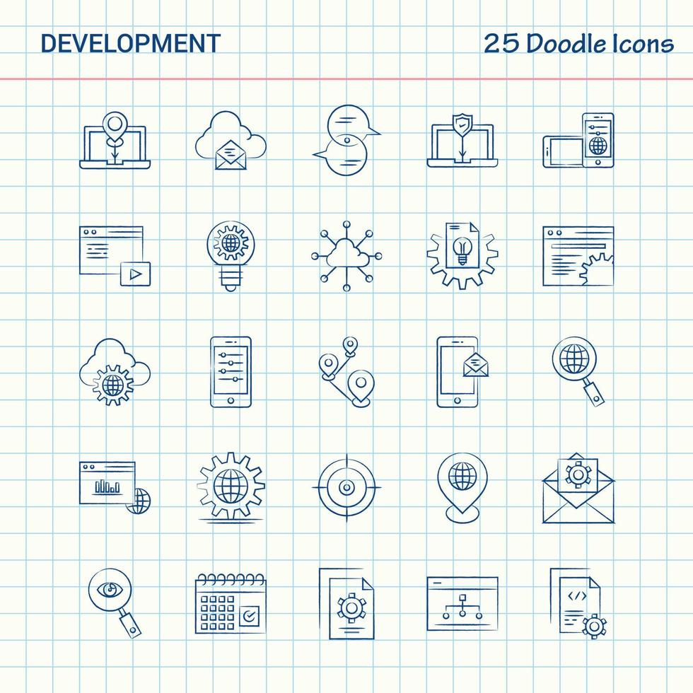 desenvolvimento 25 ícones de doodle desenhados à mão conjunto de ícones de negócios vetor