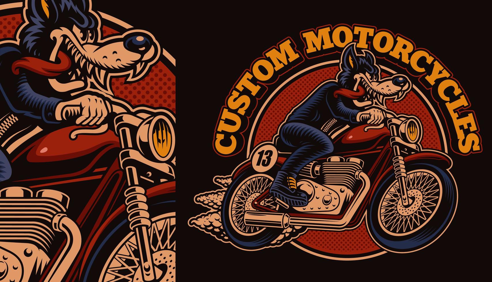 motociclista lobo colorido com design de camisa de motocicleta vetor