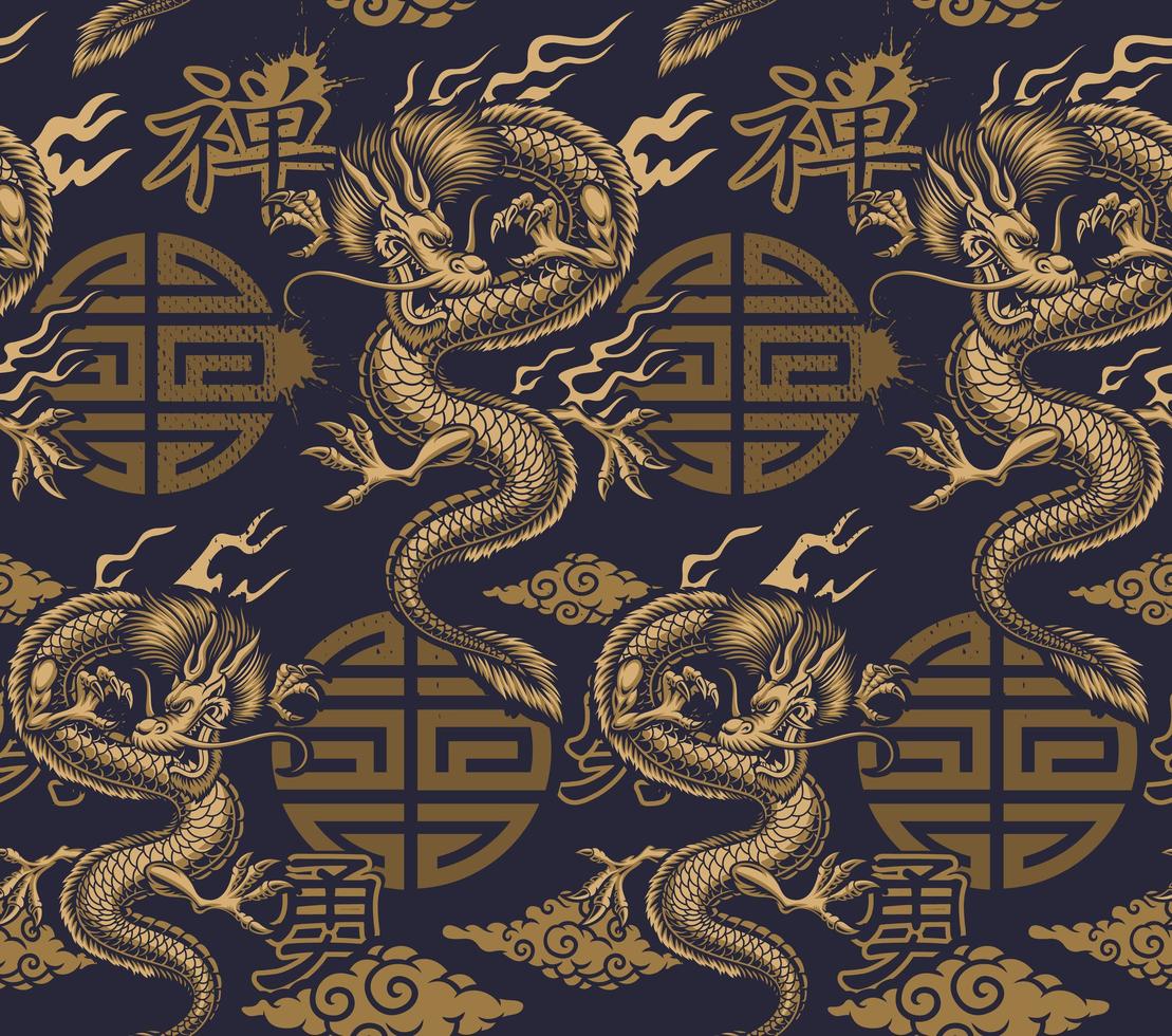 padrão de estilo asiático azul e dourado com dragões vetor