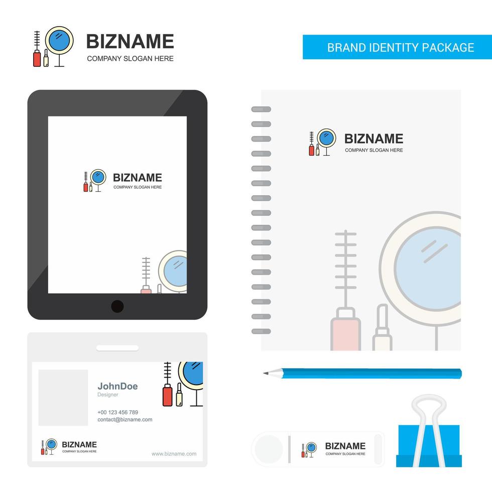 guia de logotipo de negócios de maquiagem diário de aplicativo pvc cartão de funcionário e modelo de vetor de design de pacote estacionário de marca usb