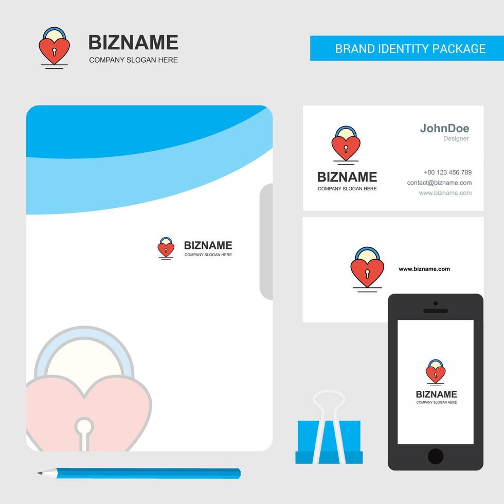 cartão de visita de capa de arquivo de logotipo de negócios de bloqueio de coração e ilustração vetorial de design de aplicativo móvel vetor