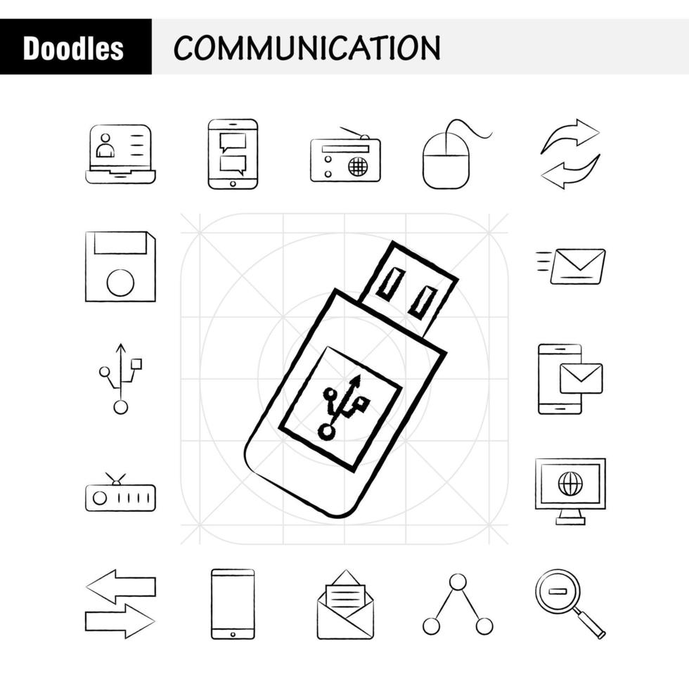 ícones desenhados à mão de comunicação definidos para infográficos kit uxui móvel e design de impressão incluem sinais de horas de telefone de discagem de chamada torre de rede coleção de comunicação moderno infográfico logotipo um vetor