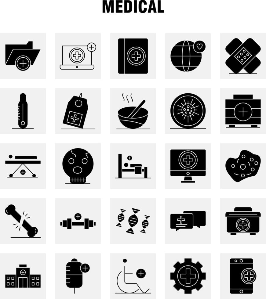 ícones de glifos sólidos médicos definidos para kit uxui móvel de infográficos e design de impressão incluem teste de dna laboratório médico edifício médico hospital mais eps 10 vetor