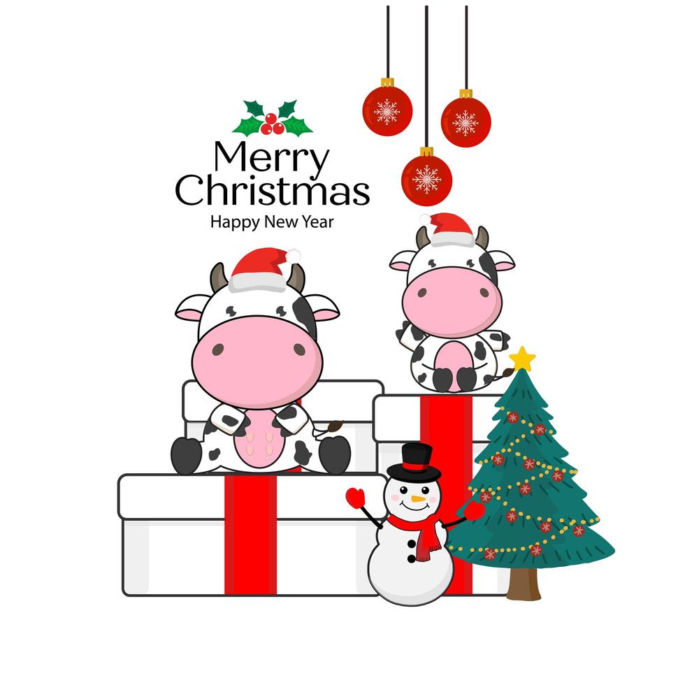 cartão de feliz natal com vacas fofas vetor