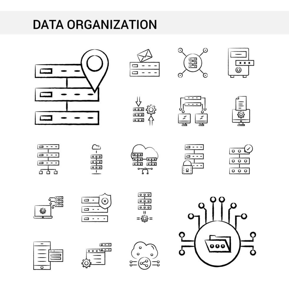 estilo de conjunto de ícones desenhados à mão de organização de dados isolado no vetor de fundo branco