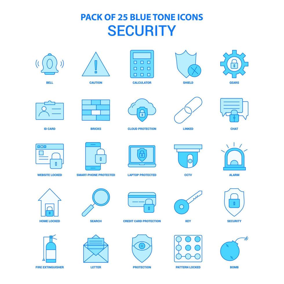 pacote de ícones de tom azul de segurança 25 conjuntos de ícones vetor