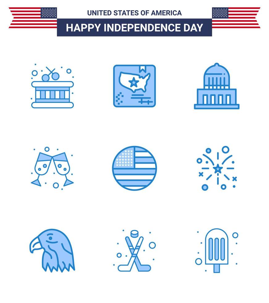 9 sinais azuis dos eua símbolos de celebração do dia da independência da cidade da bandeira dos eua vinho americano editável dia dos eua vetor elementos de design