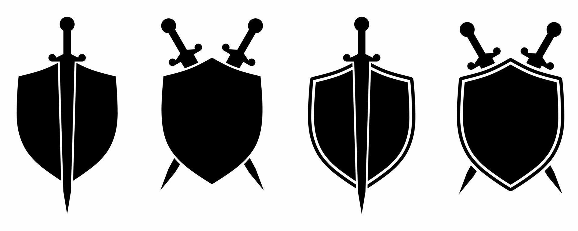 ícone de espada e escudo de silhueta definido com ícone de espada e escudo de estilo diferente vetor