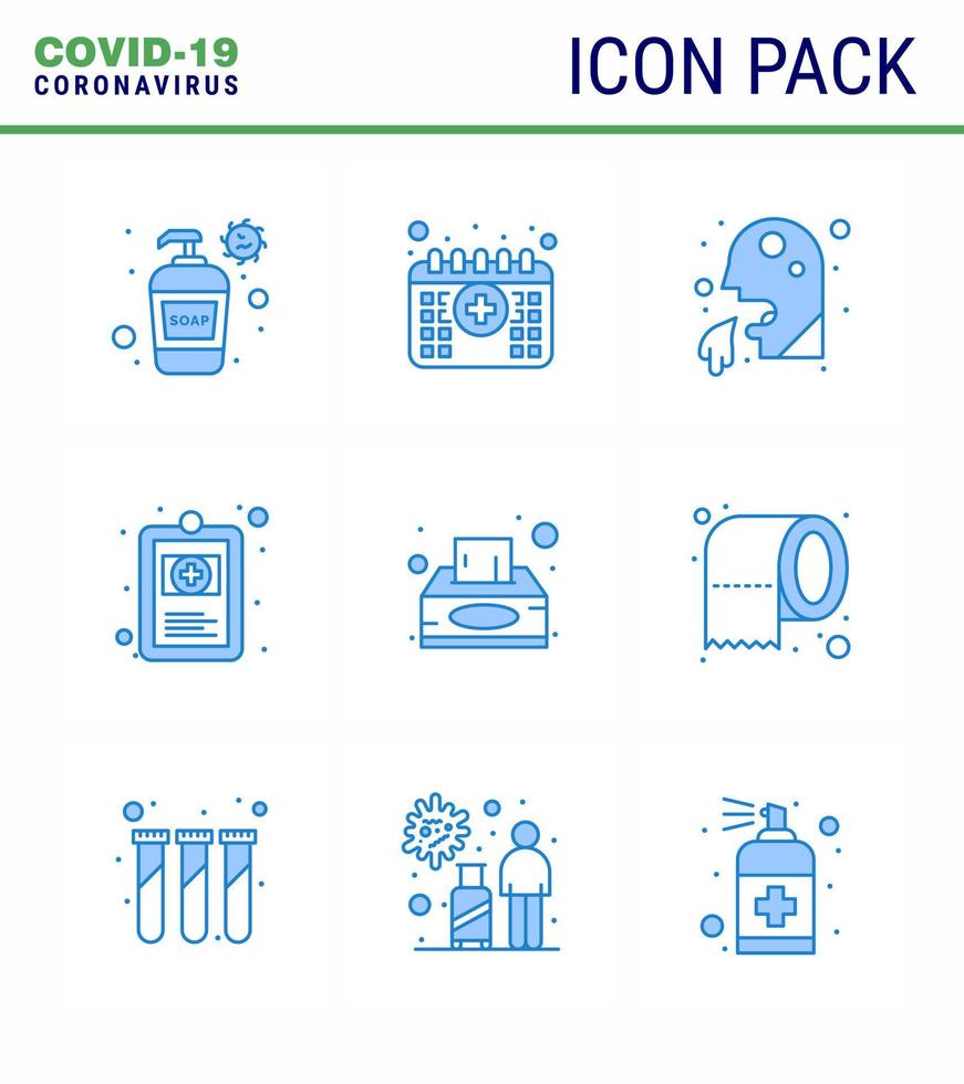 proteção covid19 coronavírus pendâmico 9 conjunto de ícones azuis, como gráfico de hospital de caixa, vômito, saúde, pessoas, coronavírus viral, elementos de design de vetor de doença de 2019nov