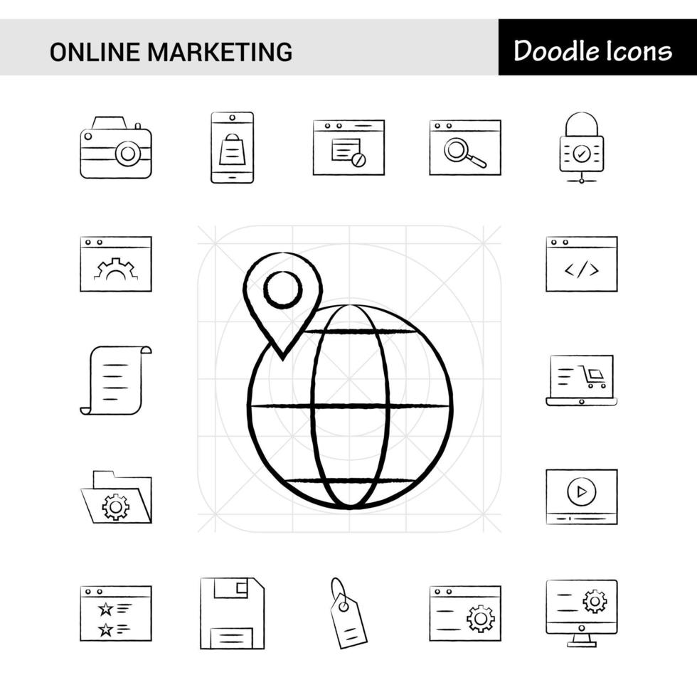 conjunto de 17 ícones desenhados à mão de marketing online vetor