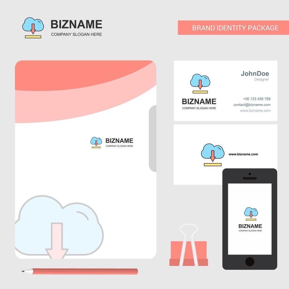 cartão de visita de capa de arquivo de logotipo de negócios de download em nuvem e ilustração em vetor de design de aplicativo móvel