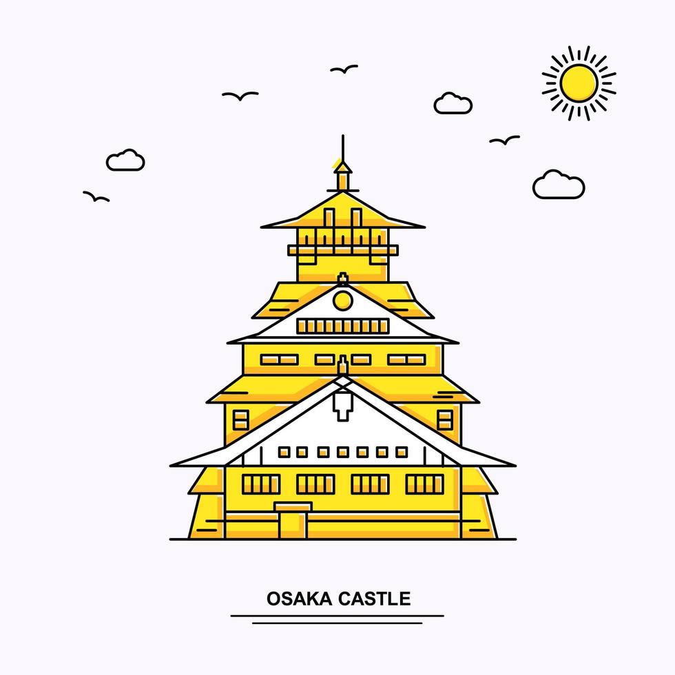 modelo de pôster do monumento do castelo de osaka viagens pelo mundo amarelo fundo de ilustração em estilo de linha com cena de beleza natural vetor