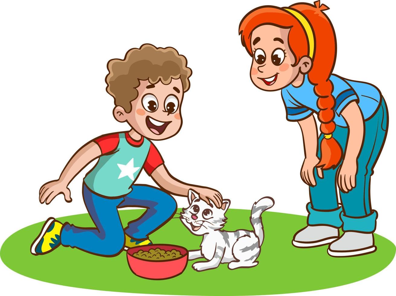 crianças fofas e felizes brincam com ilustração vetorial de gato e cachorro de estimação vetor