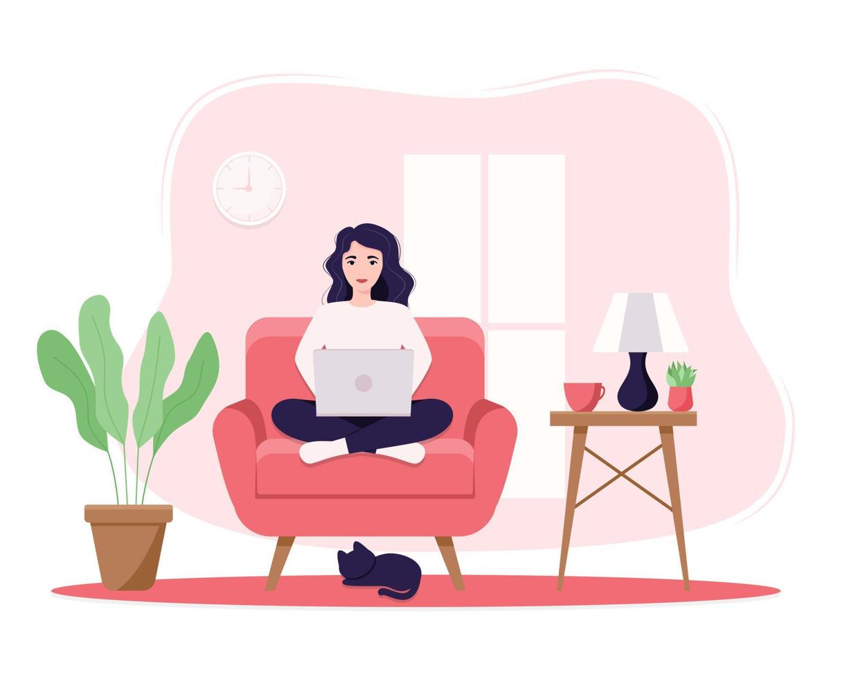 ilustração vetorial conceito mulher de negócios praticando ioga e meditação no escritório. a menina senta-se na posição de lótus, o processo de pensamento, o início e a busca de ideias. gerenciamento de tempo vetor