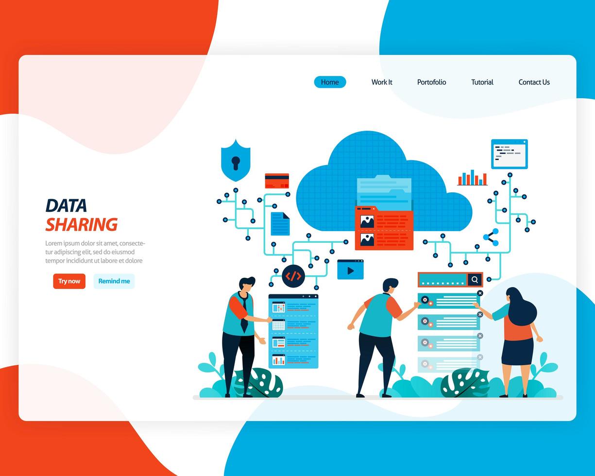 tecnologia de compartilhamento de dados em nuvem, trabalhadores remotos vetor