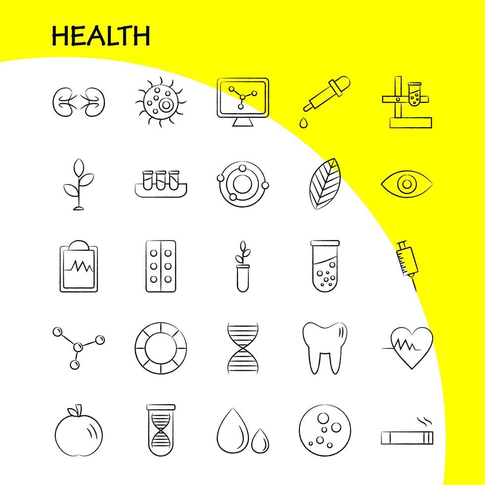 ícone desenhado à mão de saúde para impressão na web e kit uxui móvel, como laboratório de biologia, ciência de plantas, frasco de biologia, vetor de pacote de pictogramas de ciência de laboratório