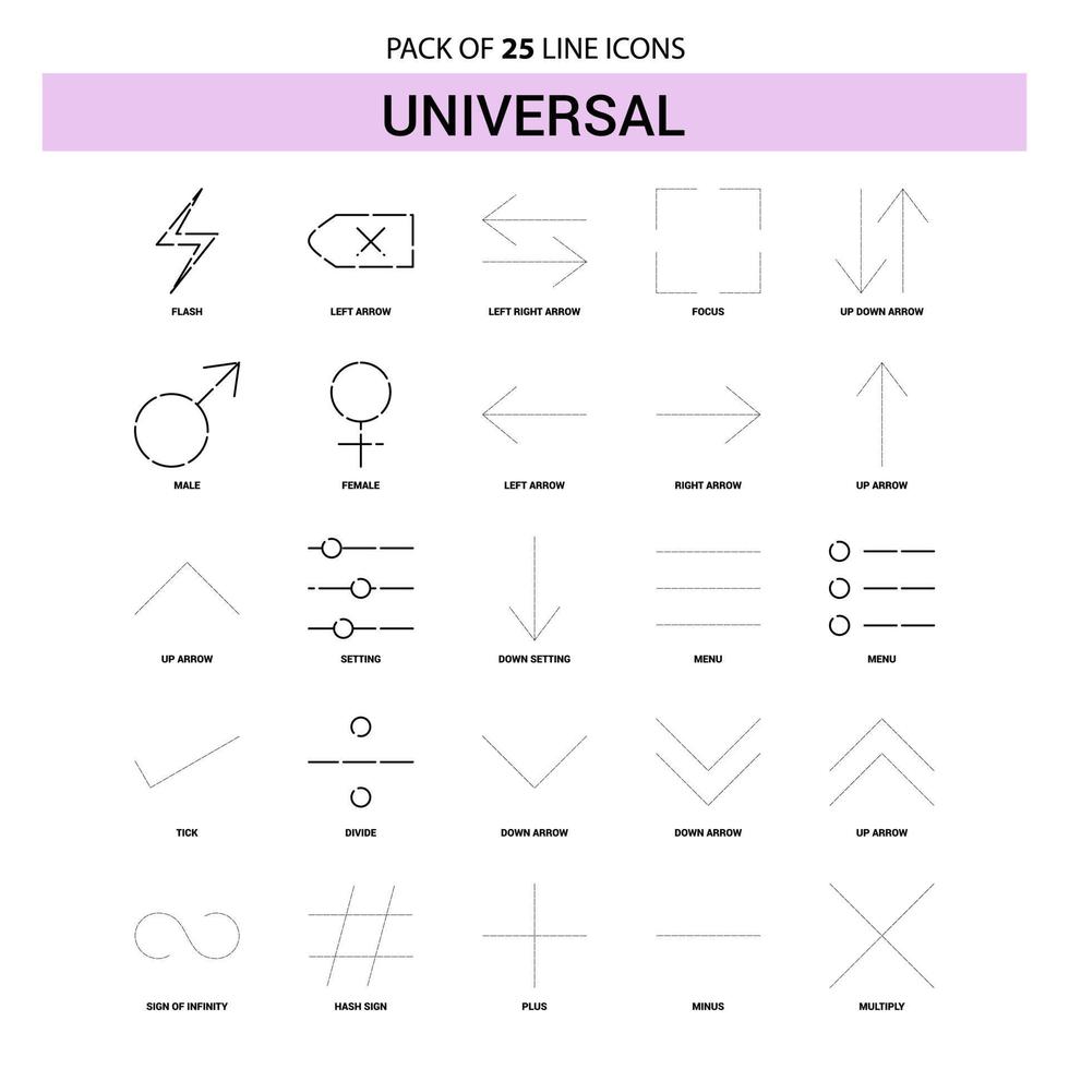 conjunto de ícones de linha universal 25 estilo de contorno tracejado vetor