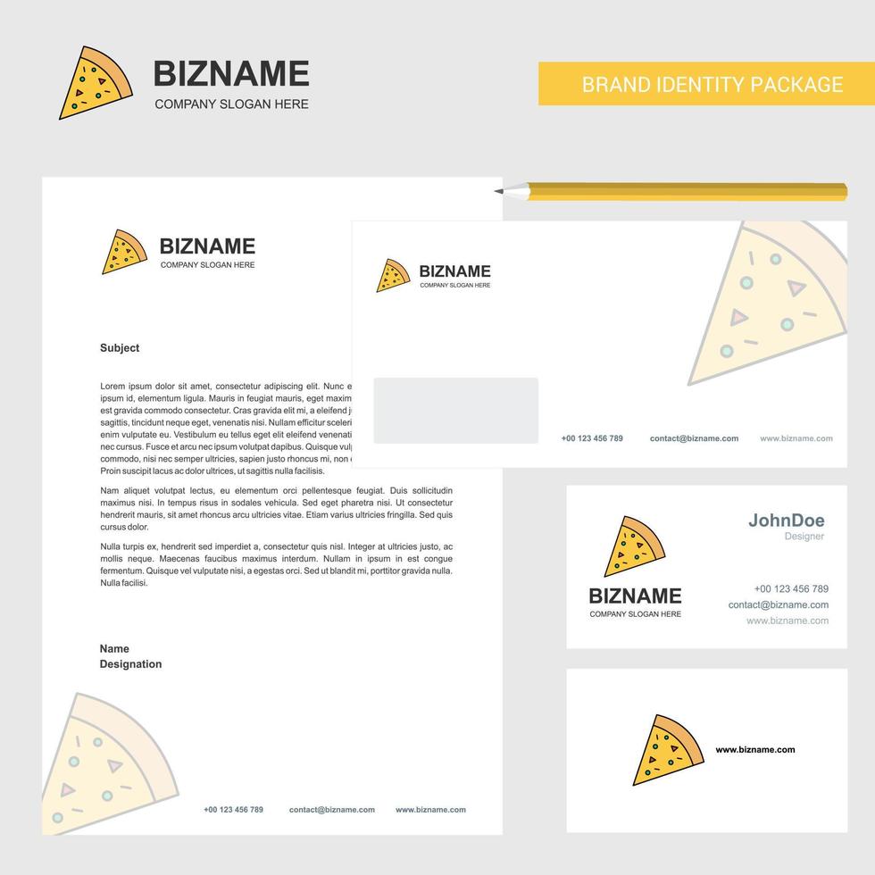 envelope de papel timbrado de negócios de pizza e modelo de vetor de design de cartão de visita