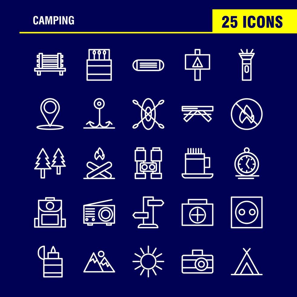 pacote de ícones de linha de acampamento para designers e desenvolvedores ícones de banco camping viagens ao ar livre jogo de acampamento ao ar livre vetor de fogo