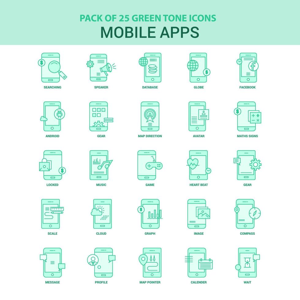 conjunto de ícones de 25 aplicativos móveis verdes vetor