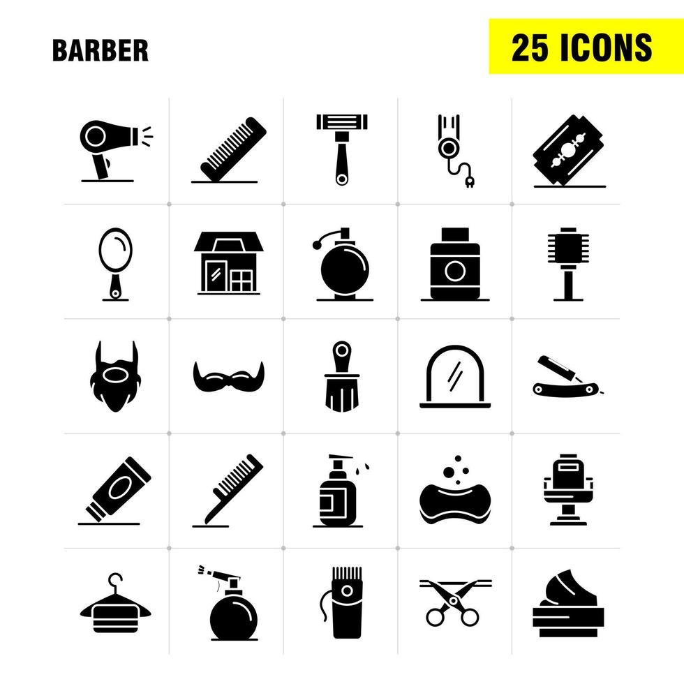 ícones de glifos sólidos de barbeiro definidos para kit de uxui móvel de infográficos e design de impressão incluem espelho de rosto de barbeiro cadeira de beleza de barbeiro corte de cabelo vetor de conjunto de ícones de barbeiro