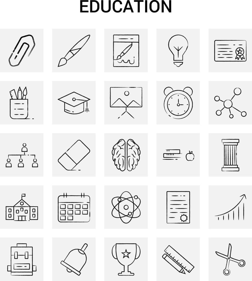 25 ícones de educação desenhados à mão conjunto doodle de vetor de fundo cinza