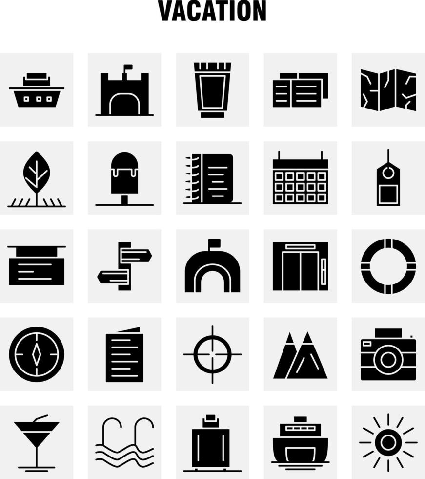 ícones de glifos sólidos de férias definidos para infográficos kit uxui móvel e design de impressão incluem piquenique construção de férias de verão vetor de conjunto de ícones de placa de bandeira de cidade de férias