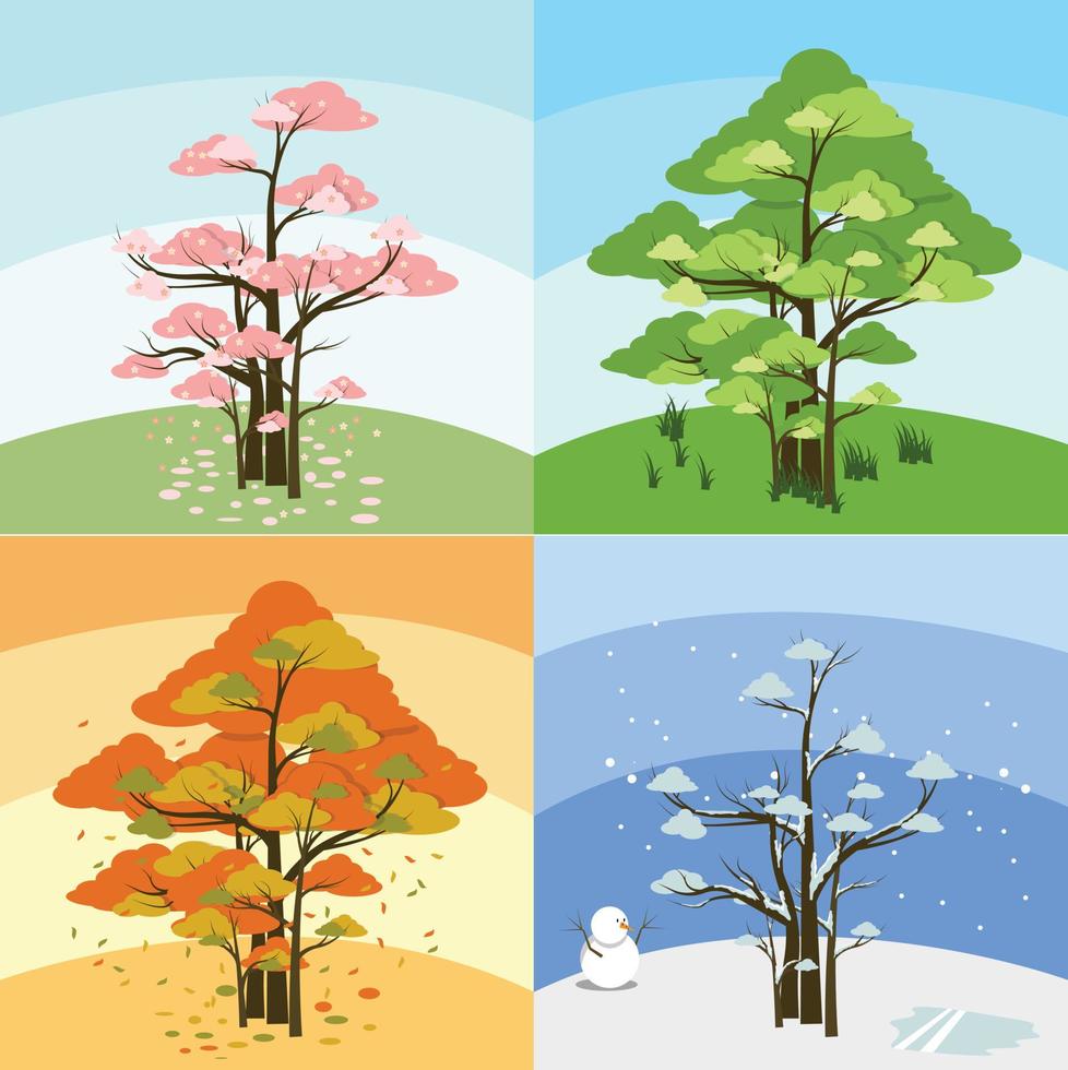grupo de árvores com árvores de quatro estações em um vetor, verão inverno, outono, outono, primavera e meio ambiente nele vetor