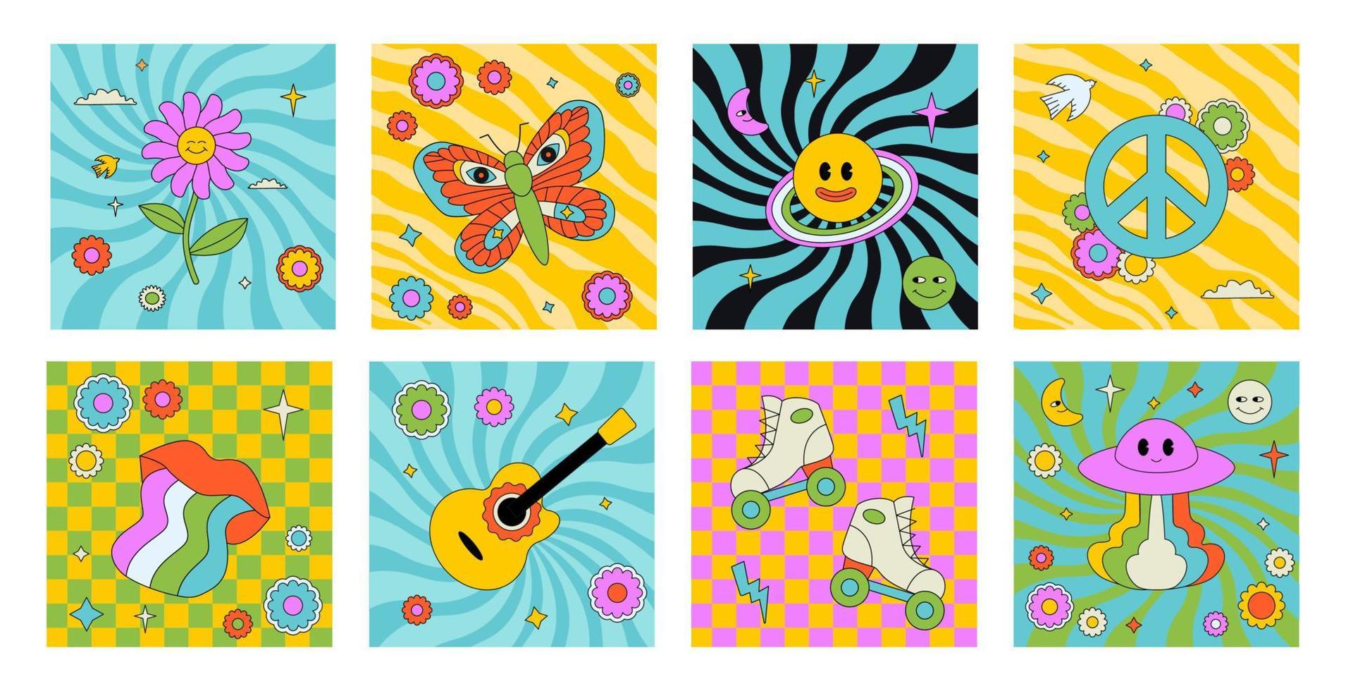 coleção de adesivos hippies coloridos, patches com diferentes elementos funky no estilo dos anos 1960, 1970. vetor