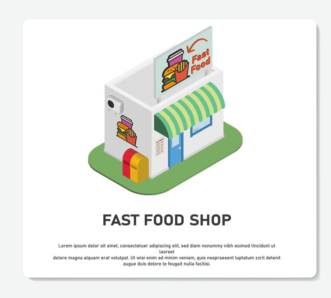Construção de loja 3D com logotipo eletro macarrão fast food simples vetor