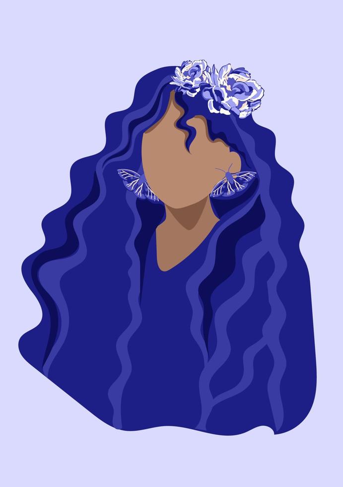 cartaz do dia das mulheres. uma garota com longos cabelos azuis e flores. comemorado anualmente para marcar a contribuição das mulheres para a história. cartaz, cartão postal, ilustração. vetor