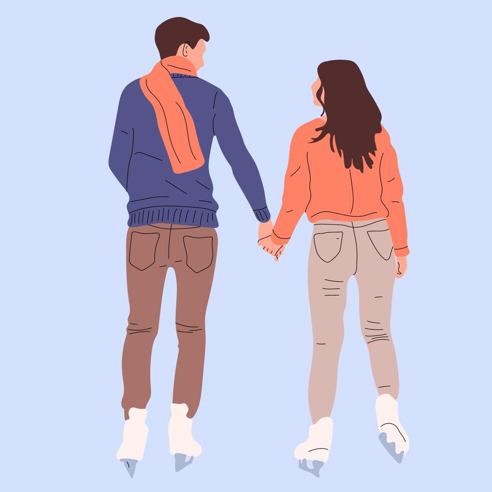 casal patinando. pessoas no gelo, atividades ao ar livre de inverno. feliz esporte homem mulher, feriado ativo namoro ilustração vetorial. homem e mulher felizes ativos andam de patinação no gelo vetor