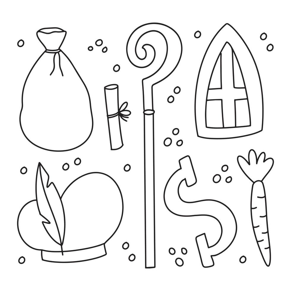 São Nicolau de Sinterklaas doodle conjunto de arte de clipe de contorno. st nick atributos - chapéu, bastão, chapéu zwarte piet, letra s, cenoura e biscoitos. desenho de contorno desenhado à mão simples, coleção de rabiscos de contorno vetor