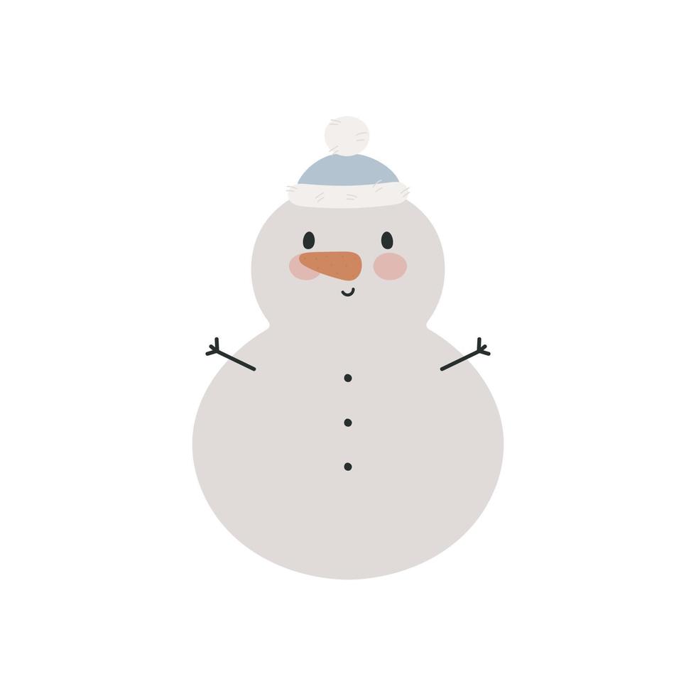 boneco de neve bonito. estilo de desenho animado. ilustração vetorial. para cartão, cartazes, banners, livros, impressão na embalagem, impressão em roupas, tecido, papel de parede, têxtil ou pratos. vetor